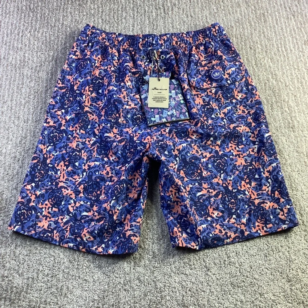 Peter Millar Seaside‎ Mens Blue Abstract Swirl Swim Trunks Shorts Size S NWT